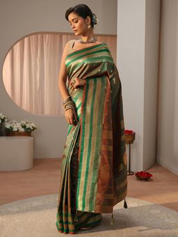Libas - Green Floral Woven Zari Border Saree with Unstitched Blouse