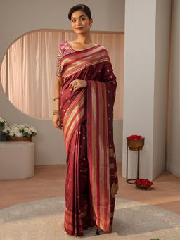 Libas - Maroon Floral Woven Zari Border Saree with Unstitched Blouse