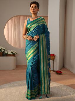 Libas - Teal Floral Woven Zari Border Saree with Unstitched Blouse