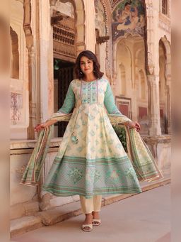 BERRYLICIOUS - Cream Cotton Printed and Beadwork Anarkali Kurta and Pant with Dupatta