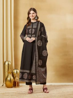 Divena - Black Cotton Anarkali Kurta and Pant with Dupatta