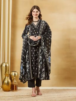 Divena - Black Cotton V-Neck A-Line Kurta and Pant with Dupatta
