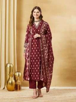 Divena - Maroon Cotton V-Neck A-Line Kurta and Pant with Dupatta