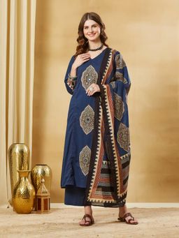 Divena - Navy Blue Ajrakh Printed Cotton V-Neck Kurta and Palazzo with Dupatta