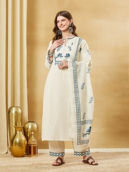 Divena - Off White Cotton Flex Embroidered Kurta and Pant with Dupatta