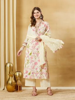 Divena - White Cotton Floral Printed Kurta and Pant with Dupatta