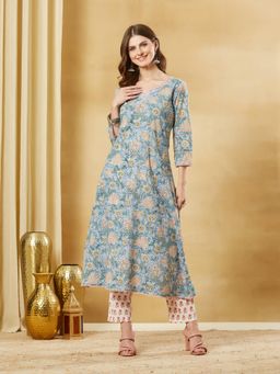 Divena - Sky Blue Cotton A-Line Kurta and Pant