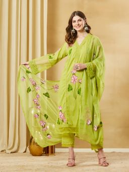 Divena - Green Hand Painted Cotton Kurta and Pant with Dupatta