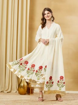 Divena - White Cotton Floral Hand Block Anarkali Kurta and Pant with Dupatta