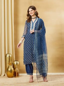 Divena - Navy Blue Floral Kota Doria Kurta and Salwar with Dupatta
