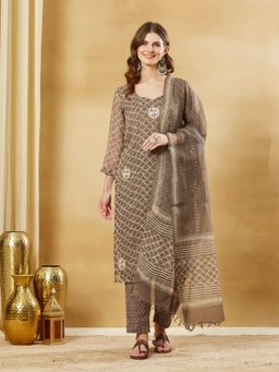 Divena - Brown Kota Doria Sweetheart Neck Kurta and Pant with Dupatta