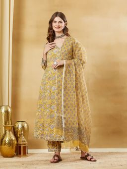 Divena - Mustard Hand Block Cotton Anarkali Kurta and Salwar with Dupatta