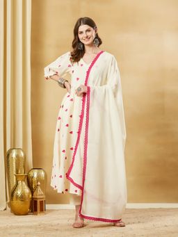 Divena - Cream Heart Embroidered Cotton Anarkali Kurta and Pant with Dupatta