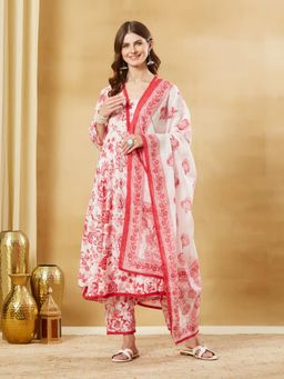 Divena - White Floral Cotton Anarkali Kurta and Pant with Dupatta