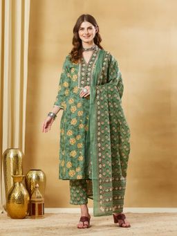 Divena - Green Floral Cotton Kurta and Pant with Dupatta