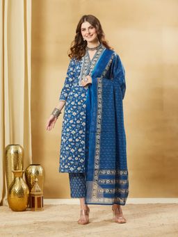 Divena - Blue Floral Cotton Kurta and Pant with Dupatta