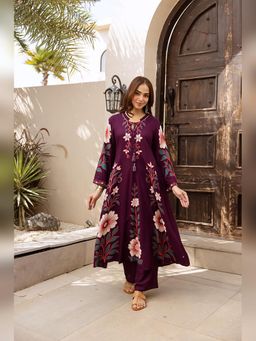 BERRYLICIOUS - Women Purple Cotton Floral Printed Flared Anarkali Kurta with Pant