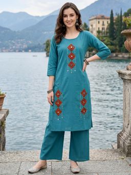 BERRYLICIOUS - Women Blue Cotton Mirror Embroidered Co-Ord Set