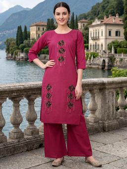 BERRYLICIOUS - Women Magenta Cotton Mirror Embroidered Co-Ord Set