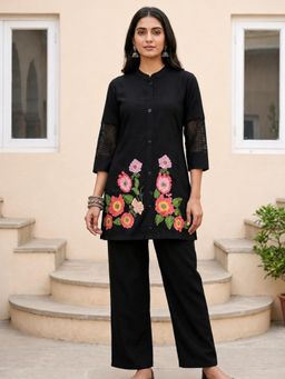 BERRYLICIOUS - Women Black Cotton Floral Embroidered Co-Ord Set