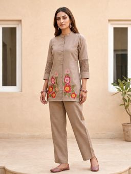 BERRYLICIOUS - Women Brown Cotton Floral Embroidered Co-Ord Set