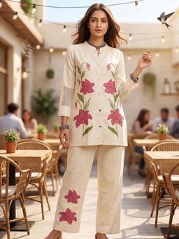 BERRYLICIOUS - Women Cream Cotton Floral Embroidered Co-Ord Set