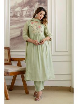 BERRYLICIOUS - Chanderi Green Hand Embroidered Anarkali Kurta and Pant with Dupatta