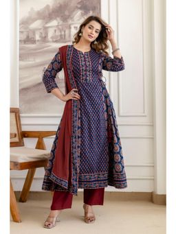 BERRYLICIOUS - Women Navy Blue Cotton Floral Printed Anarkali Kurta and Pant with Dupatta