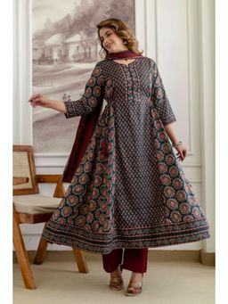 BERRYLICIOUS - Women Green Cotton Floral Printed Anarkali Kurta and Pant with Dupatta