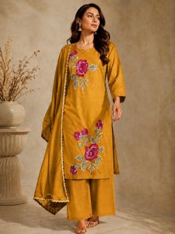 BERRYLICIOUS - Women Mustard Cotton Floral Embroidered Kurta and Palazzo with Dupatta
