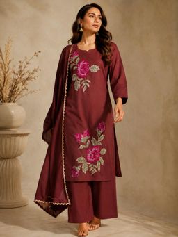 BERRYLICIOUS - Women Wine Cotton Floral Embroidered Kurta and Palazzo with Dupatta
