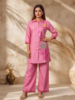BERRYLICIOUS - Women Pink Chanderi Floral Embroidered Co-Ord Set