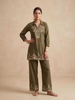 BERRYLICIOUS - Women Rayon Olive Embroidered Co-Ord Set