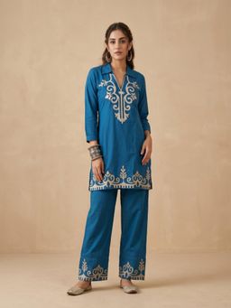 BERRYLICIOUS - Women Rayon Teal Embroidered Co-Ord Set