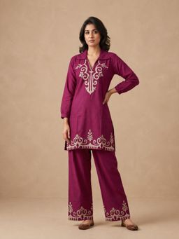 BERRYLICIOUS - Women Rayon Wine Embroidered Co-Ord Set
