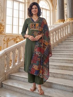 BERRYLICIOUS - Cotton Green Applique Printed and Embroidery Kurta and Pant with Dupatta