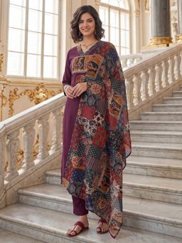 BERRYLICIOUS - Cotton Wine Applique Printed and Embroidery Kurta and Pant with Dupatta