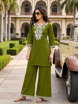 BERRYLICIOUS - Women Cotton Olive Embroidered Cotton Co-Ord Set