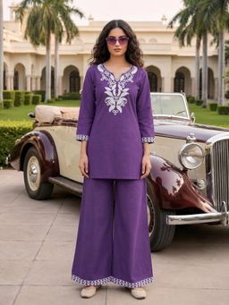 BERRYLICIOUS - Women Cotton Purple Embroidered Cotton Co-Ord Set