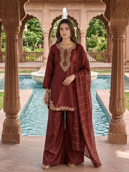 BERRYLICIOUS - Women Brown Sequinned Embroidered Kurti with Palazzo and Dupatta