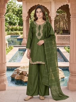 BERRYLICIOUS - Women Olive Sequinned Embroidered Kurti with Palazzo and Dupatta