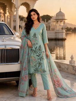 BERRYLICIOUS - Blue Tissue Shimmer Hand Embroidered Kurta with Pant and Printed Dupatta