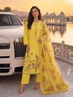 BERRYLICIOUS - Mustard Tissue Shimmer Hand Embroidered Kurta and Pant with Dupatta