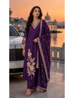 BERRYLICIOUS - Women Purple Chanderi Floral Embroidered Kurta and Pant and Dupatta