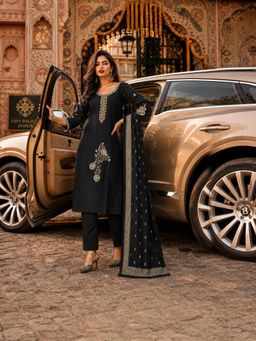 BERRYLICIOUS - Silk Black Embroidered Kurta with Pant and Dupatta