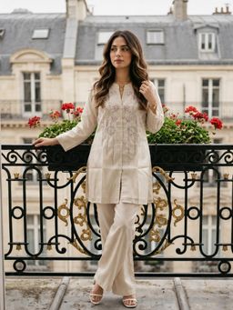 BERRYLICIOUS - Women Beige Tissue Shimmer Hand Embroidered Co-Ord Set
