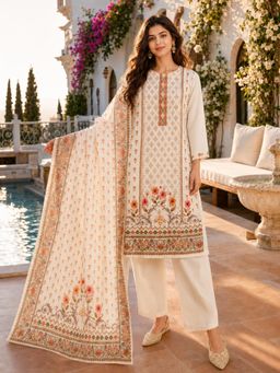 BERRYLICIOUS - Women Cream Floral Printed Kurta and Pant with Dupatta