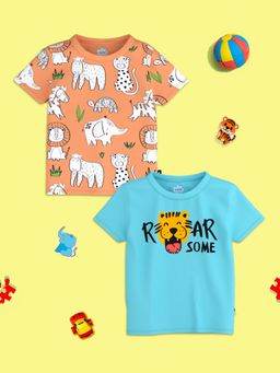 Nautinati - Boys Orange-Blue Animal Print Round Neck Pure Cotton T-Shirt (Pack of 2)