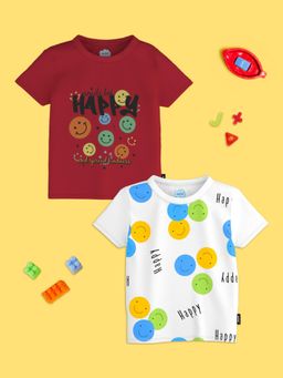 Nautinati - Boys Maroon-White Smiley Print Round Neck Pure Cotton T-Shirt (Pack of 2)