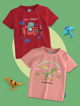 Nautinati - Boys Red-Coral Graphic Printed Half Sleeves Round Neck T-Shirt (Pack of 2)